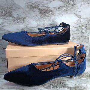 New In Box Yoki Women's Size 10 Navy Blue Velvet Ballerina Ankle Lace Up Flats